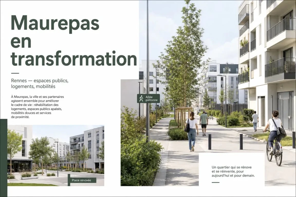 Rénovation urbaine Maurepas Rennes : quartier résidentiel rénové avec espaces publics et cheminements piétons