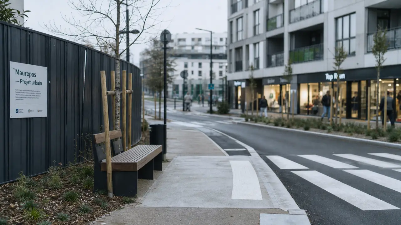 Rénovation urbaine à Maurepas, Rennes : rue requalifiée avec passage piéton et rampe PMR