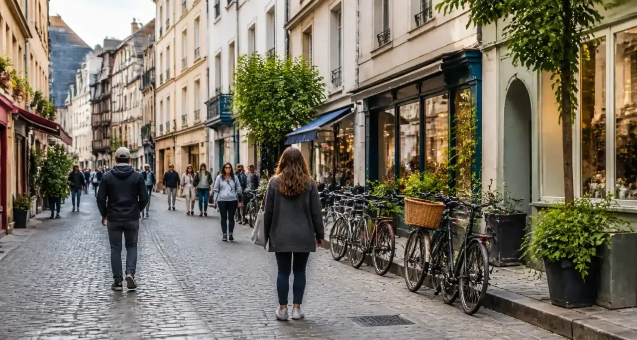 Rue commerçante pavée avec boutiques indépendantes à Rennes