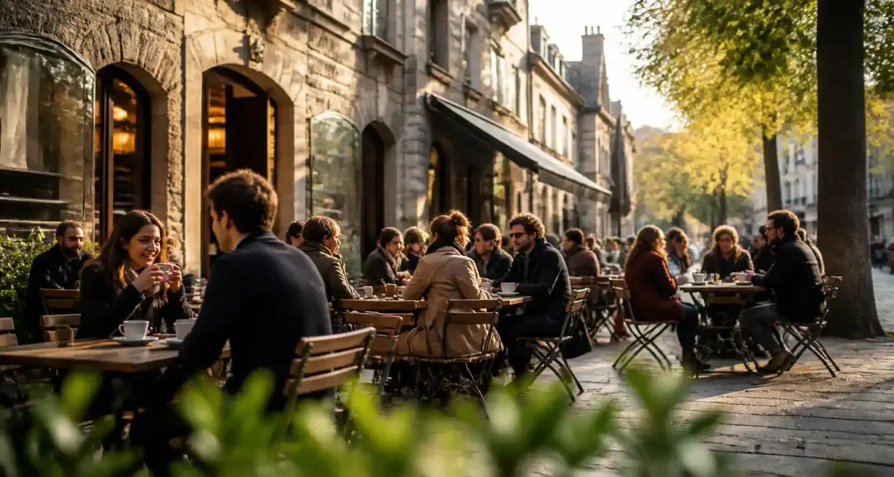 Terrasse de café en plein air dans une rue rennaise