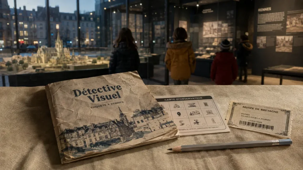 Activités Rennes vacances Toussaint : livret-jeu détective visuel en salle d’exposition