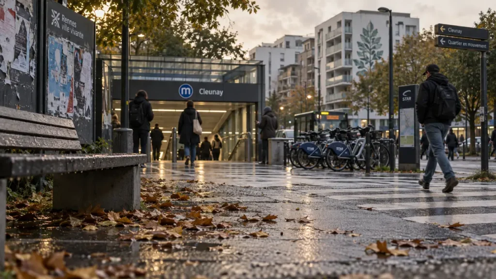 Cleunay à Rennes : bouche de métro et vie locale près du passage piéton