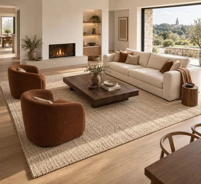 Tapis chic Rennes intégré dans un salon contemporain avec canapé et table basse