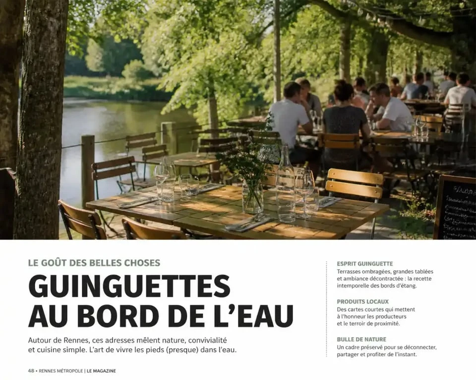 Terrasse ombragée du restaurant Georgette au bord des étangs près de Rennes