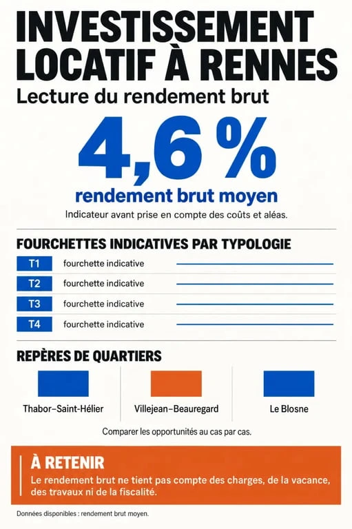 Infographie sur l'investissement locatif Rennes et les rendements par typologie et quartier