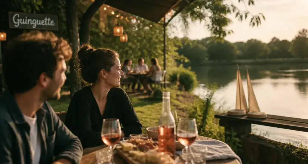 Georgette restaurant rennes : terrasse au bord des étangs, verres de rosé et planche à partager