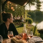 Georgette restaurant rennes : terrasse au bord des étangs, verres de rosé et planche à partager