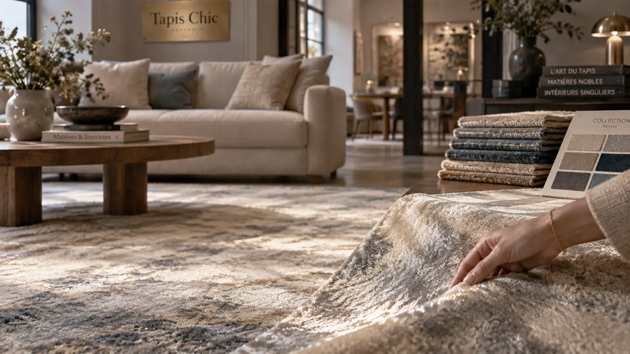 Tapis chic Rennes en showroom : toucher un échantillon, texture soyeuse