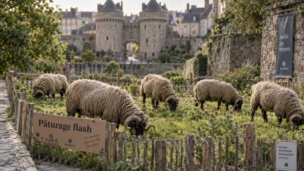 Cinq béliers avranchins en pâturage flash au jardin des remparts