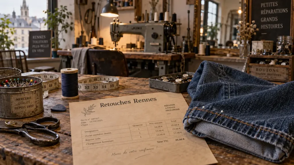 Atelier de retouches pour couture Rennes centre, mètre ruban et machine à coudre